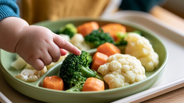 Infant baby hand reaches out to touch plate with fresh steamed vegetable snack meal including broccoli carrot and cauliflower Generative AI