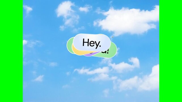 Animated chat bubbles with travel icons and text on blue sky background