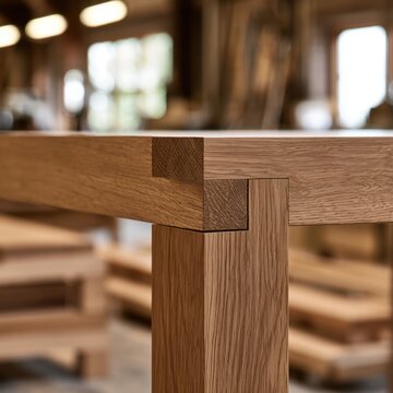Precision woodworking showcasing seamless interlocking mortise and tenon joint craftsmanship on solid oak furniture in a warmly lit workshop environment
