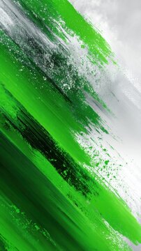 Dynamic abstract painting with vibrant green and gray brushstrokes creating energetic movement and textured layering on a white background for modern design