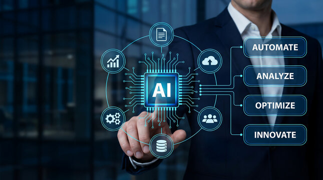 Enterprise artificial intelligence dashboard with corporate executive automating business workflows and optimizing data analytics