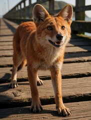 Fototapeta premium Orange canine animal walks on wooden pier near water. This unique wild creature has pointed ears and sharp teeth. It looks curious and alert outdoors.