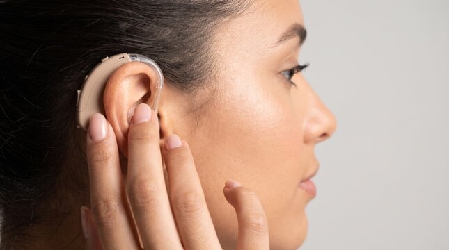 Perfil em close de uma jovem mulher ajustando um moderno aparelho auditivo. Conceito de audiologia, tratamento de perda auditiva e tecnologia m&eacute;dica. Isolado em fundo cinza claro com espa&ccedil;o para texto