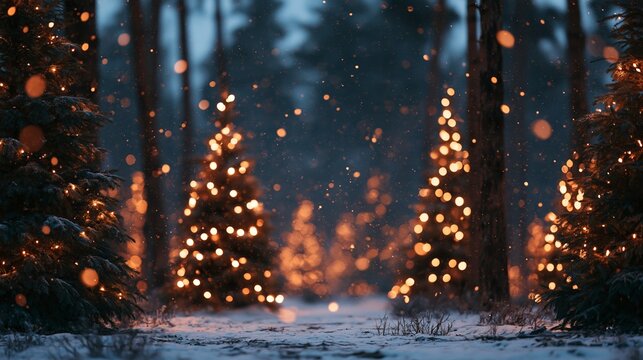 Magical forest scene with glowing lights and christmas trees during winter evening hours Generative AI