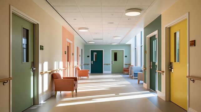 Memory care facility interior with color-coded doors and bright corridor for older adults Generative AI