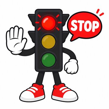 Cartoon Traffic Light Mascot Showing Red Stop Signal with Stop Speech Bubble