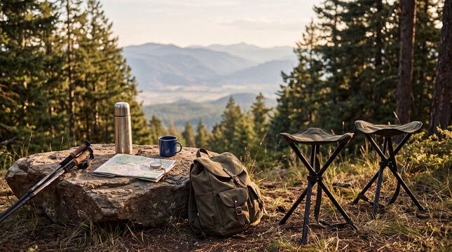 Hiking gear and camping stools on a mountain overlook with thermos, map and backpack above a pine forest valley at sunrise and distant scenic peaks