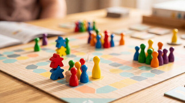 Colorful board game pieces arranged on a tabletop game board, showing strategy, competition and family leisure in a close-up indoor setting with warm light
