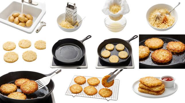 Homemade potato latkes cooking process, step by step recipe for crispy hash browns, frying golden potato pancakes in cast iron skillet