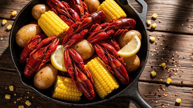 Delicious seafood boil with red crawfish, corn on cob, small potatoes in black cast iron skillet. Spicy cajun meal with lemon slices on rustic wooden table. Tasty shellfish dinner for party summer