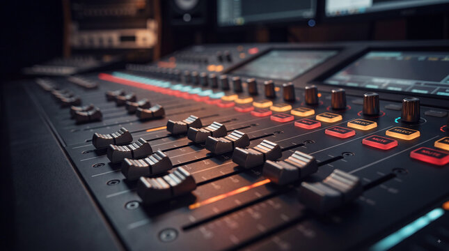 Professional audio mixing console with illuminated faders and control buttons in a modern recording studio, close-up of sound engineering equipment for music production