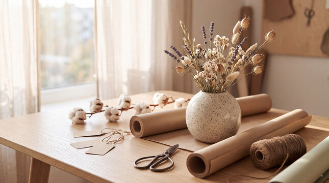 Dried flowers in a ceramic vase with craft paper rolls, scissors and twine on a sunlit wooden table in a cozy home workspace near a window for crafting