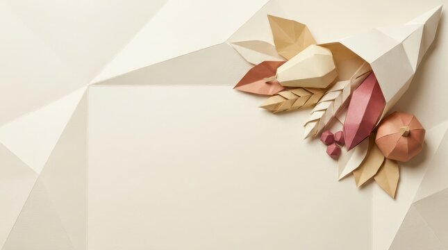 Cornucopia Border, Thanksgiving and Autumn origami paper background featuring folded harvest elements, craft texture, for seasonal restaurant menu design.