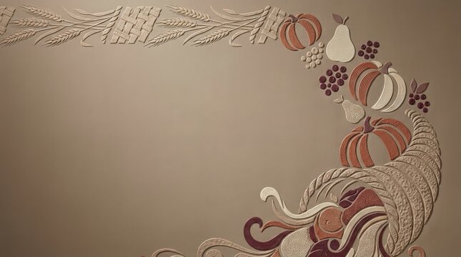 Cornucopia Border Thanksgiving Autumn Background with Sculpted Plaster Texture and Copy Space for Home Decor Editorial Banner Design