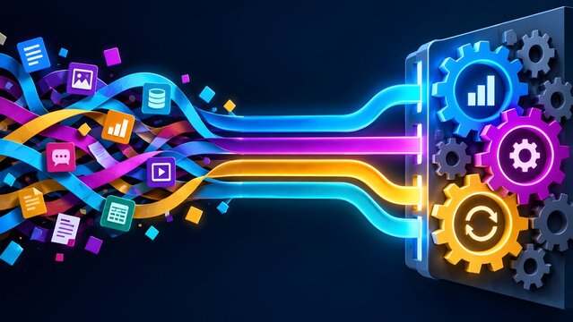 Colorful data ribbons with floating application icons entering processing unit with glowing gears representing software integration