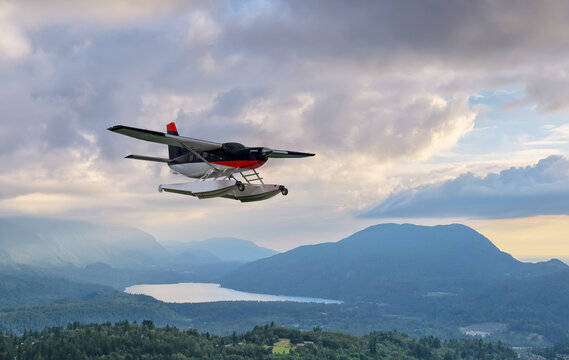 Seaplane Floatplane Flying Over Mountain Lake at Sunset &mdash; 3D Rendering Background From BC Canada