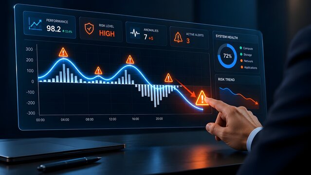 Businessman analyzing glowing digital dashboard showing sharp performance drop with multiple red risk alert triangles