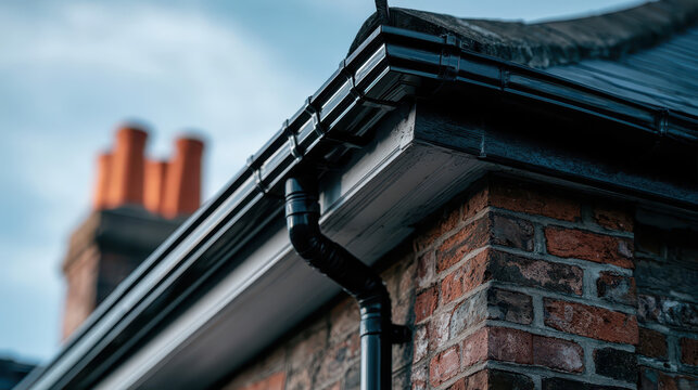 Shiny black guttering on traditional brick building with slate roof, terracotta chimney pots, and blue sky.