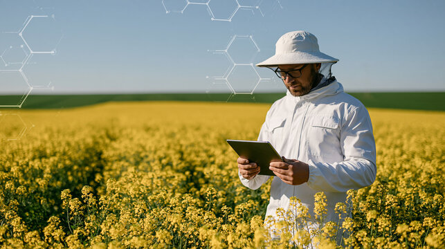 Modern beekeeper wearing protective clothing and using a digital tablet to monitor hive conditions, smart agriculture, technology in beekeeping, precision farming, honey