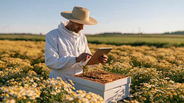 Modern beekeeper wearing protective clothing and using a digital tablet to monitor hive conditions, smart agriculture, technology in beekeeping, precision farming, honey