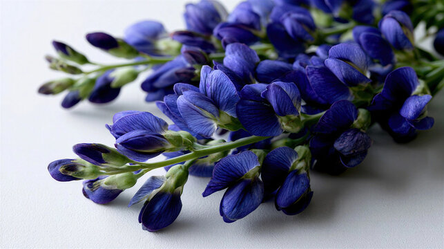 Deep Blue False Indigo Flowers (Baptisia Australis) on White, Bright Macro Shot for Botanical Designs.