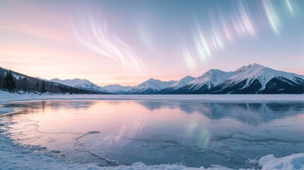Obraz premium Pink pastel dawn sky over snow capped mountains and frozen lake. Aurora borealis light streaks dance above icy water reflecting pastel sky. Cold winter nature scene.