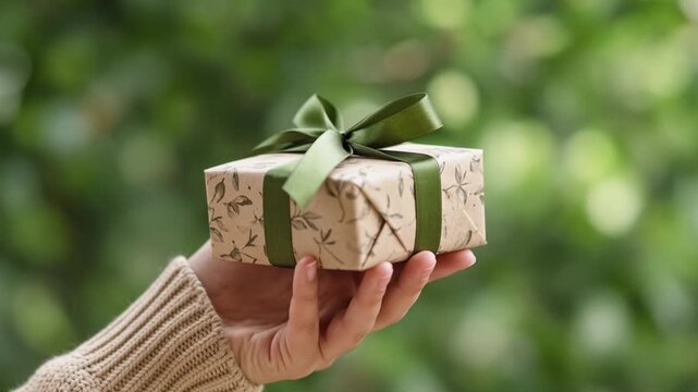 Person holding a wrapped gift box with green ribbon outdoors in nature