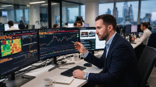 Focused financial analyst monitors live stock market data on multiple screens