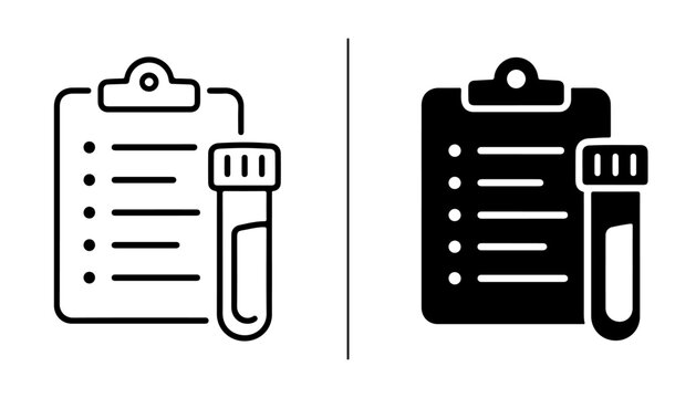 Medical Testing Icons: A minimalist representation of medical testing, featuring a clipboard with a checklist and a test tube in both outline and solid black styles.