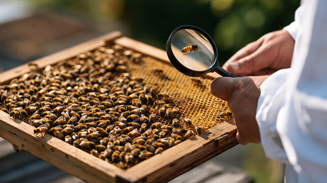 Beekeeper carefully inspecting a queen bee colony frame with a magnifying lens, detailed apiculture work, bee health monitoring, professional honey farming, sustainable