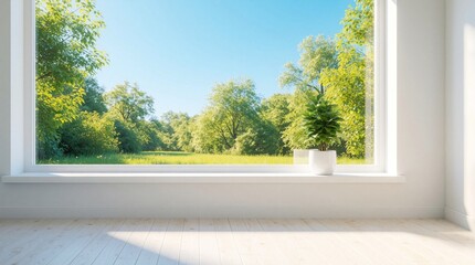 Obraz premium Empty white room with wooden floor, big window. Sunny summer landscape with green trees, blue sky visible through glass. Small green plant in white pot sits on windowsill. Bright minimalist