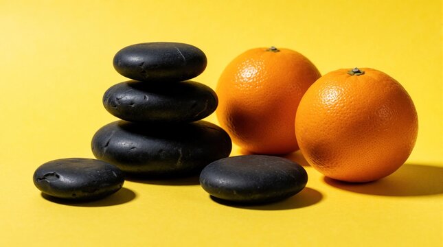 Stacked black zen stones next to two fresh whole oranges on bright yellow background. Minimalist still life composition shows balance, wellness concept. Natural pebbles, citrus fruit create contrast