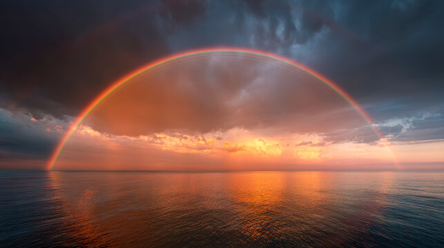 Stunning full halo rainbow arching over calm ocean waters during a vibrant fiery sunset with dramatic storm clouds in the sky reflecting rich orange hues on the surf