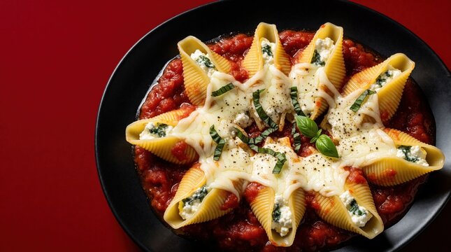 Italian stuffed pasta shells with cheese, marinara sauce on black plate. Baked jumbo conchiglioni topped with melted mozzarella, fresh basil leaves. Delicious homemade mediterranean meal served on