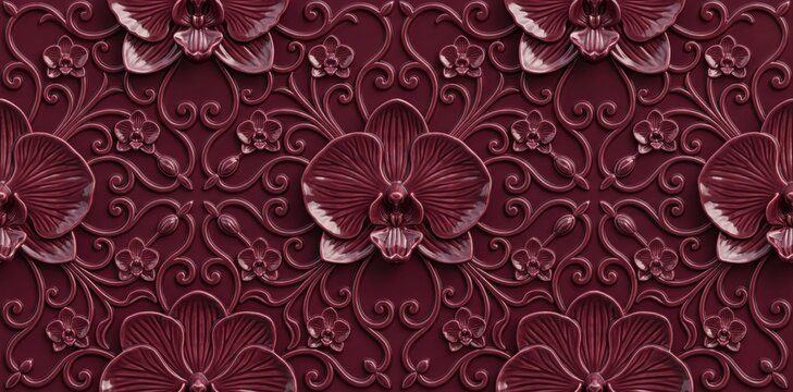 Dark burgundy floral wallpaper pattern with embossed orchid motifs and ornate scrollwork