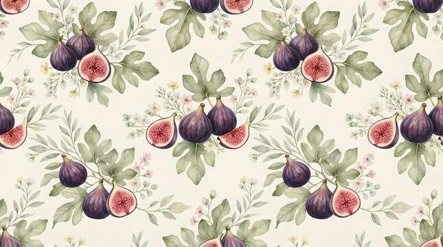 Watercolor fig fruit seamless pattern with green leaves on a light cream background