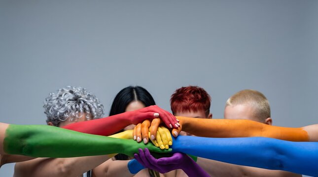 Group of people stacking rainbow painted hands for pride and unity