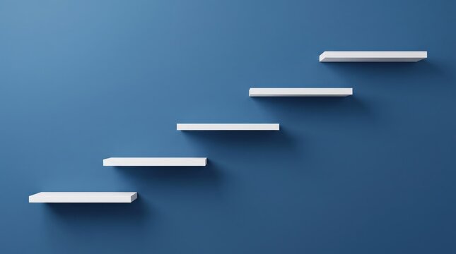 White floating shelves arranged like stairs on a blue wall