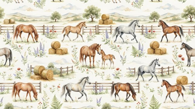 Seamless pattern with watercolor horses and hay bales in a rustic farm landscape