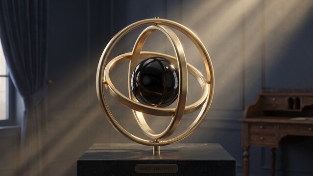 Magnum Opus Alchemical Concept Obsidian Sphere with Gold Rings 3D