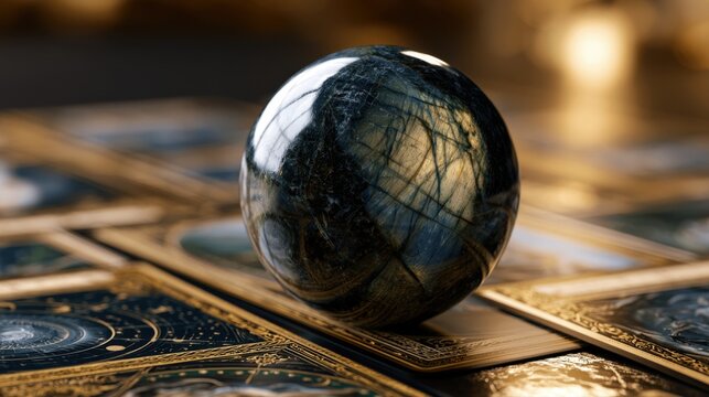Dark polished mystery stone placed on ornate golden tarot cards with celestial designs in warm ambient light setting for divination and fortune-telling rituals