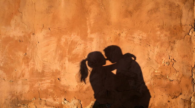romantic couple shadow kissing on textured orange wall