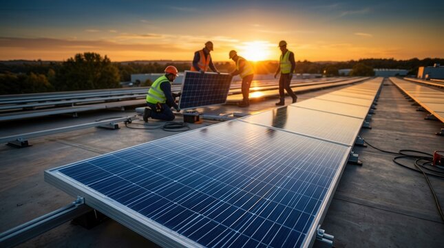 A team of workers erect large solar panels on the roof of a commercial building adding to its energy sustainability.