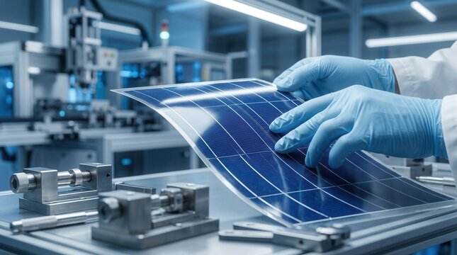 Quality control in modern manufacturing plant with gloved hands examining a thin film flexible solar panel