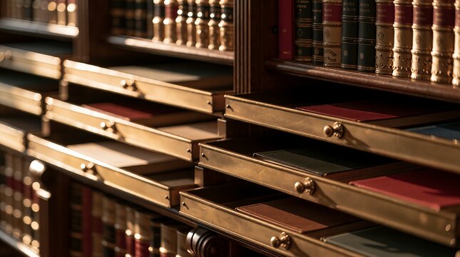 Vintage wooden library card catalog drawers with antique leather bound books in a law office.