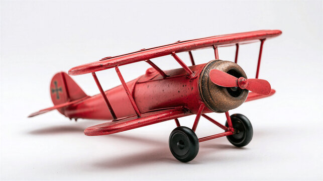 Vintage Red Toy Biplane with Cross Insignia, Weathered Texture, Isolated on White Background for Retro Design Projects.