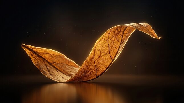 A closeup view of a single pristine cigar wrapper leaf softly curling around a glowing cigar silhouette with cinematic rim lighting on a dark gradient backdrop.