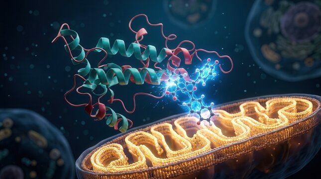 Detailed cell-biology render of a TDP-43 protein ribbon near a mitochondrion cross-section with a small-molecule inhibitor docking at the M1 sequence region
