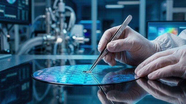 Technician's hands applying a layer of metallisation to the backside of a GaN wafer using a sputter coater