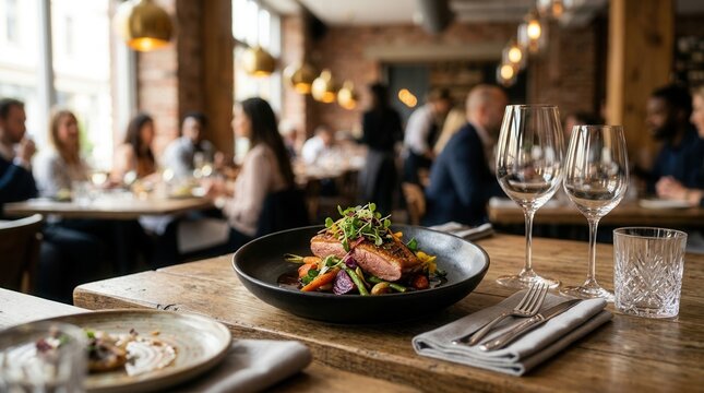 A gourmet meal and empty wine glasses set on a restaurant table in a sophisticated and inviting dining atmosphere